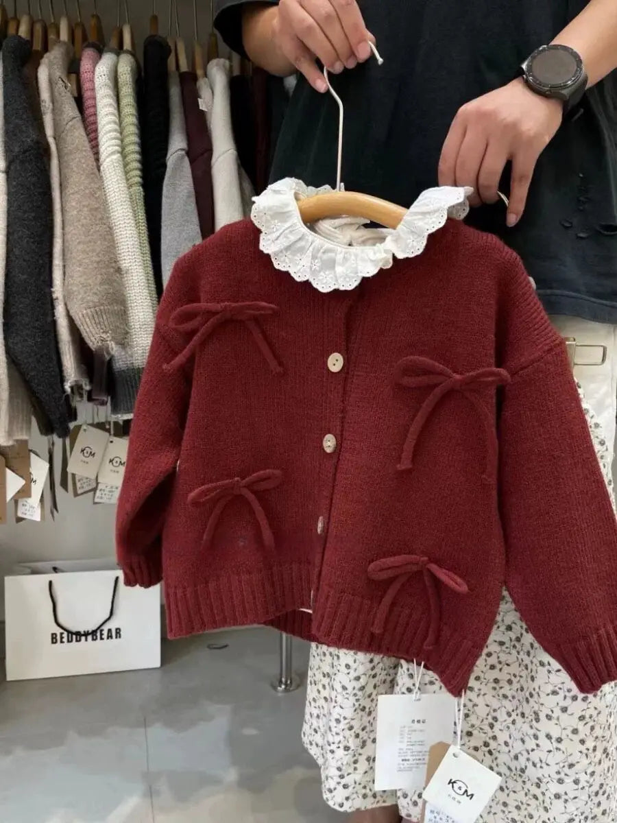 Girls Red Bow Knit Sweater