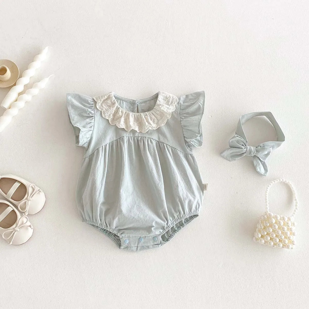 Sky Blue Laced Collar Romper and Headband