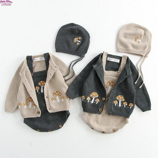 Mushroom Embroidery Knit Romper With Hat and Cardigan