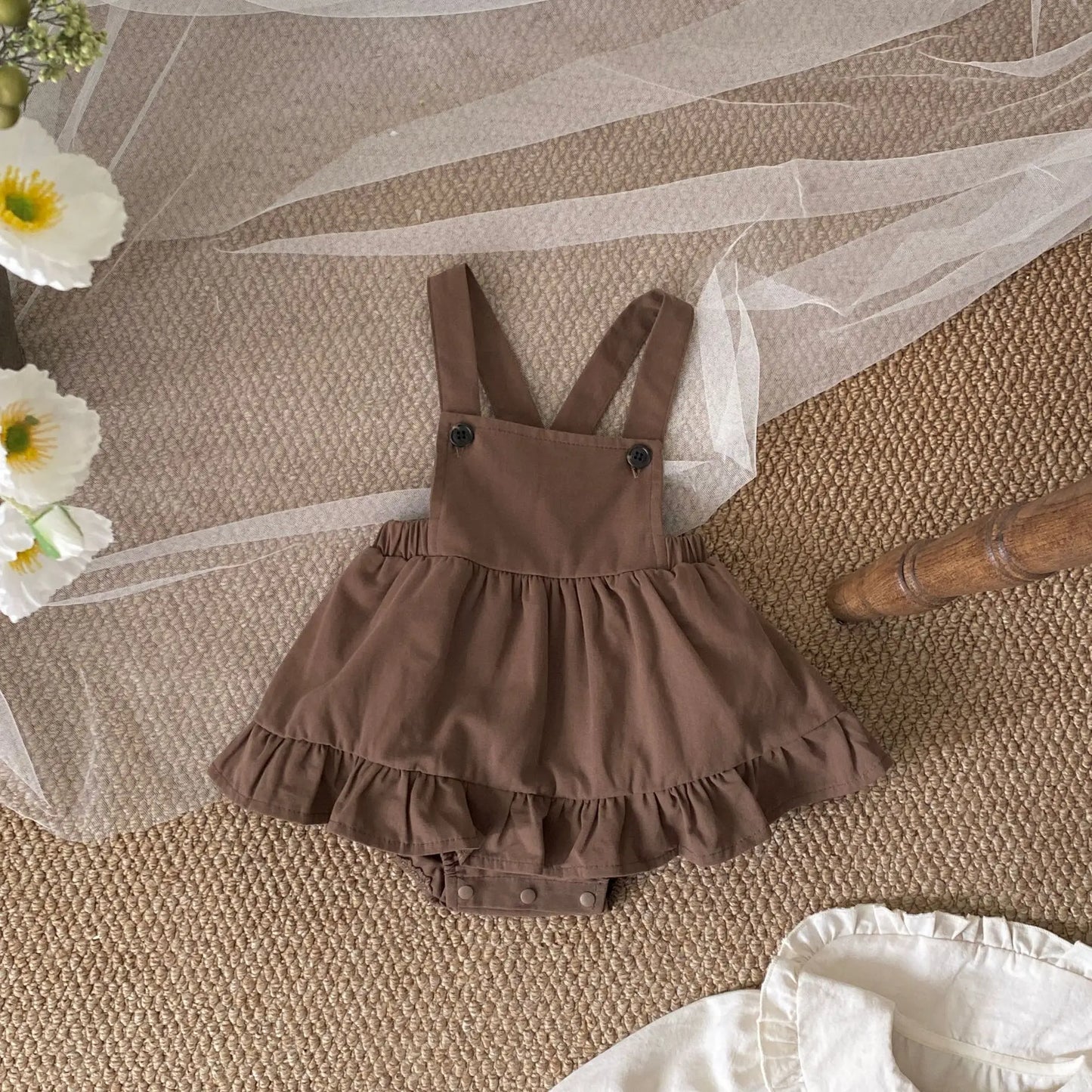 Brown Peter Pan Collar Dress and Overalls Set