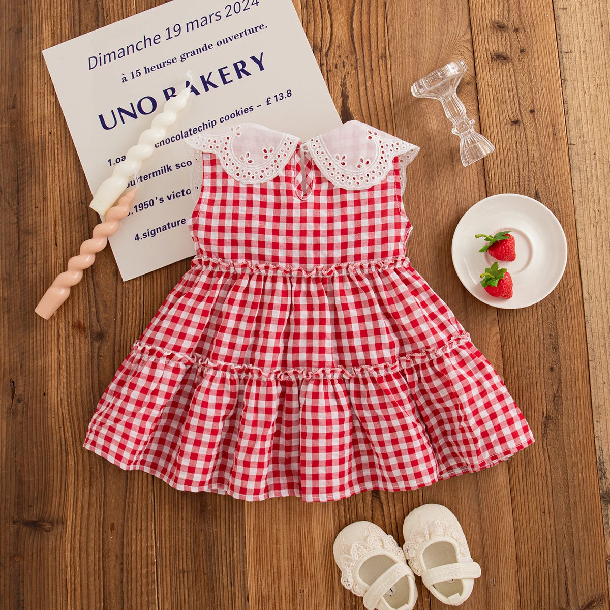 Plaid Strawberry Embroiderey Collar Dress