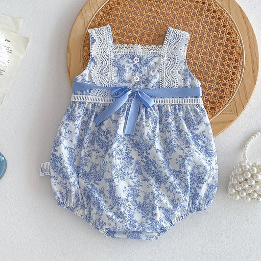 Blue Floral Print Sleeveless Laced Romper