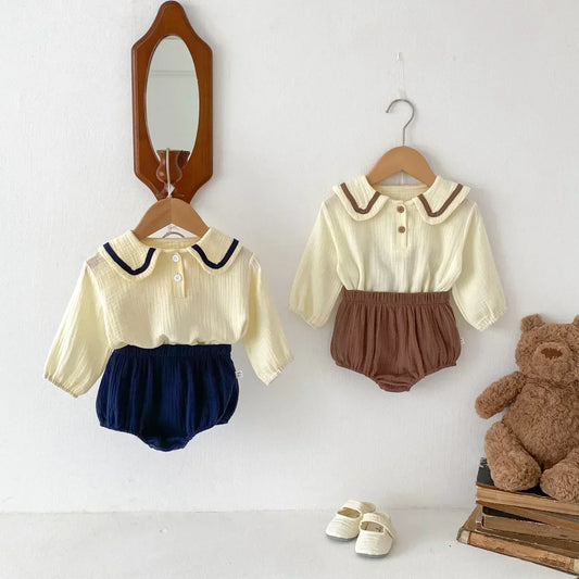 Cotton Navy Collar Solid Wrinkled Set