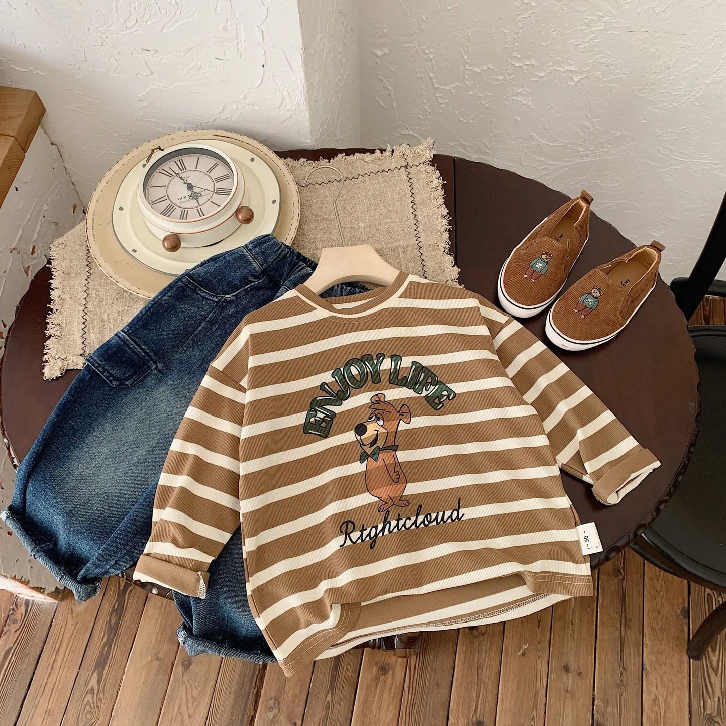 Unisex Cartoon Bear Striped Shirt