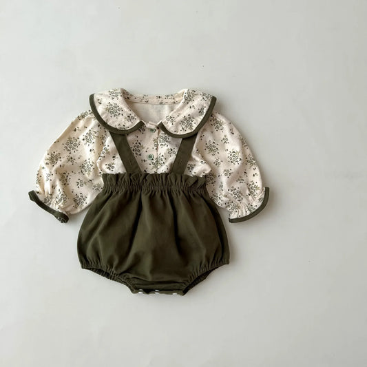 Forest Green Floral Blouse and Strap Bloomer Set