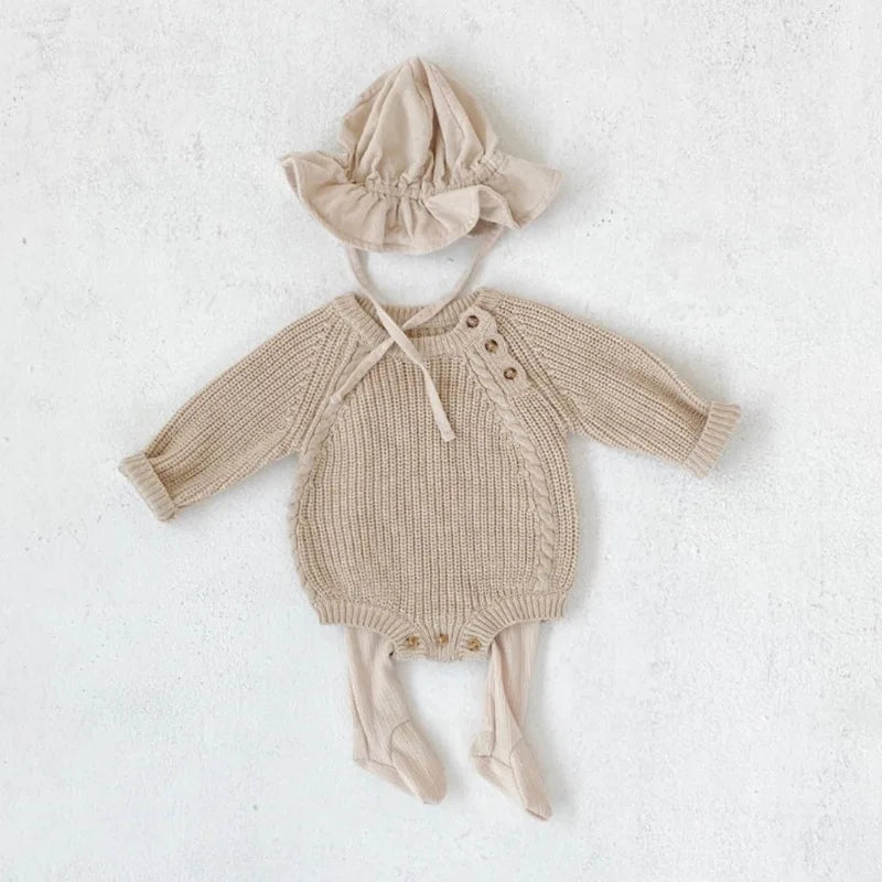 Neutral Side Button Cable Knit Romper