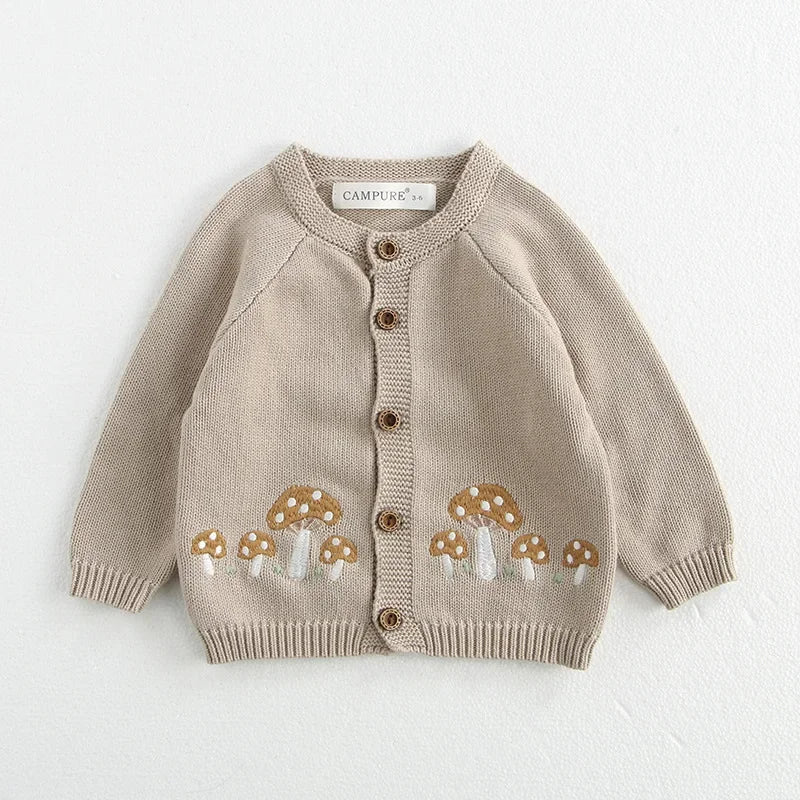 Mushroom Embroidery Knit Romper With Hat and Cardigan