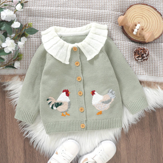 Rooster Embroidery Doll Collar Knit Cardigan