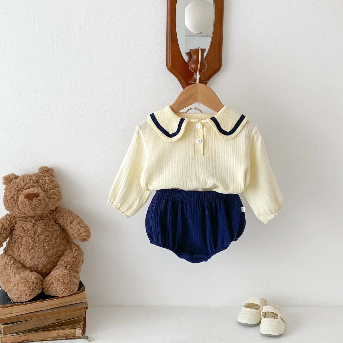 Cotton Navy Collar Solid Wrinkled Set