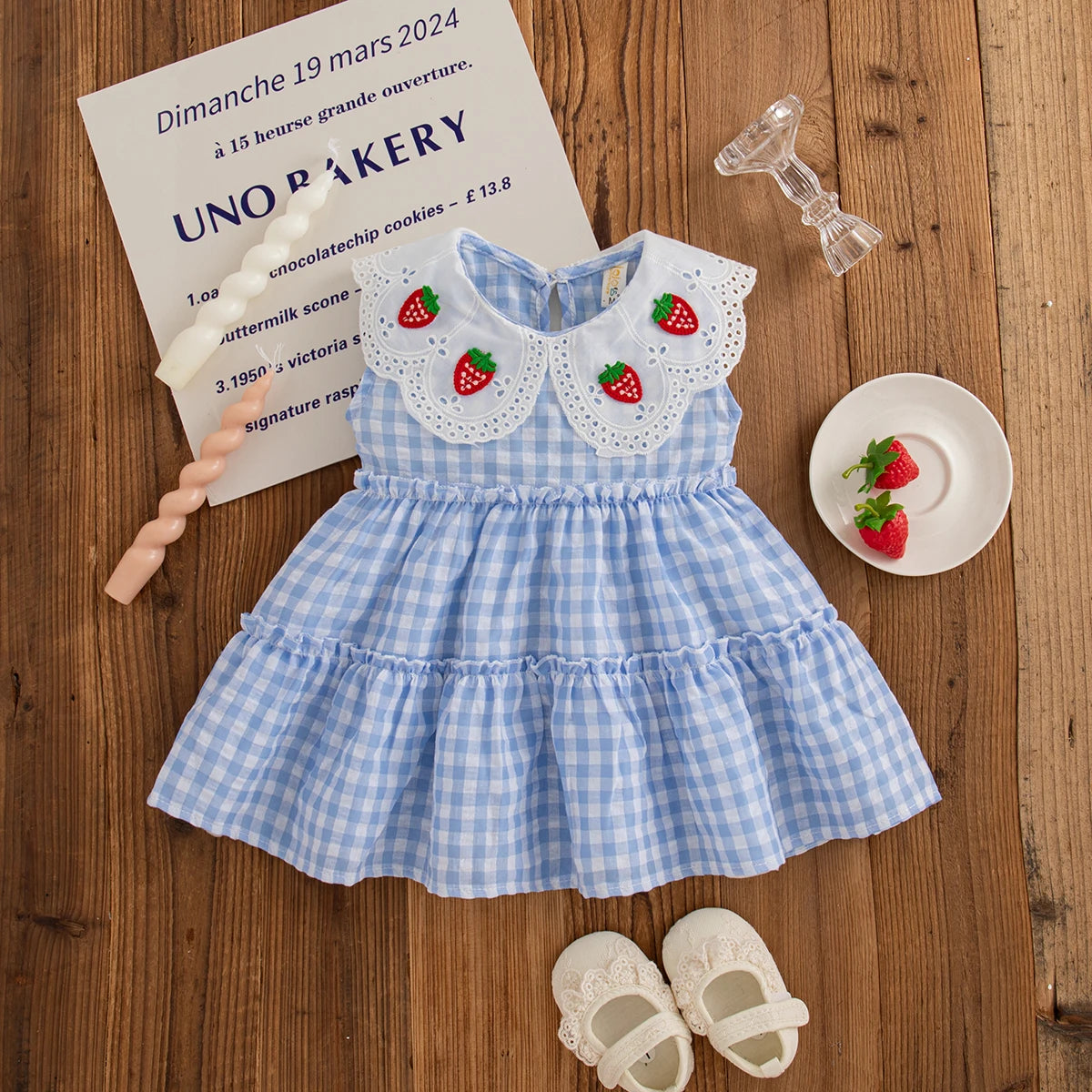 Plaid Strawberry Embroiderey Collar Dress
