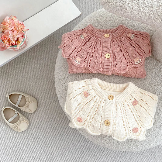 Hollow Out Floral Embroidery Ruffle Collar Cardigan