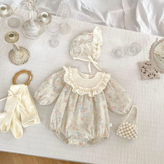 Retro Floral Big Lace Collar Romper and Hat