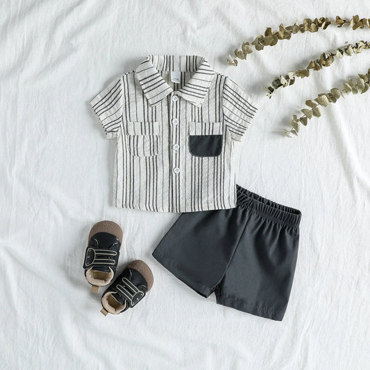 Gray Striped Button Down Set