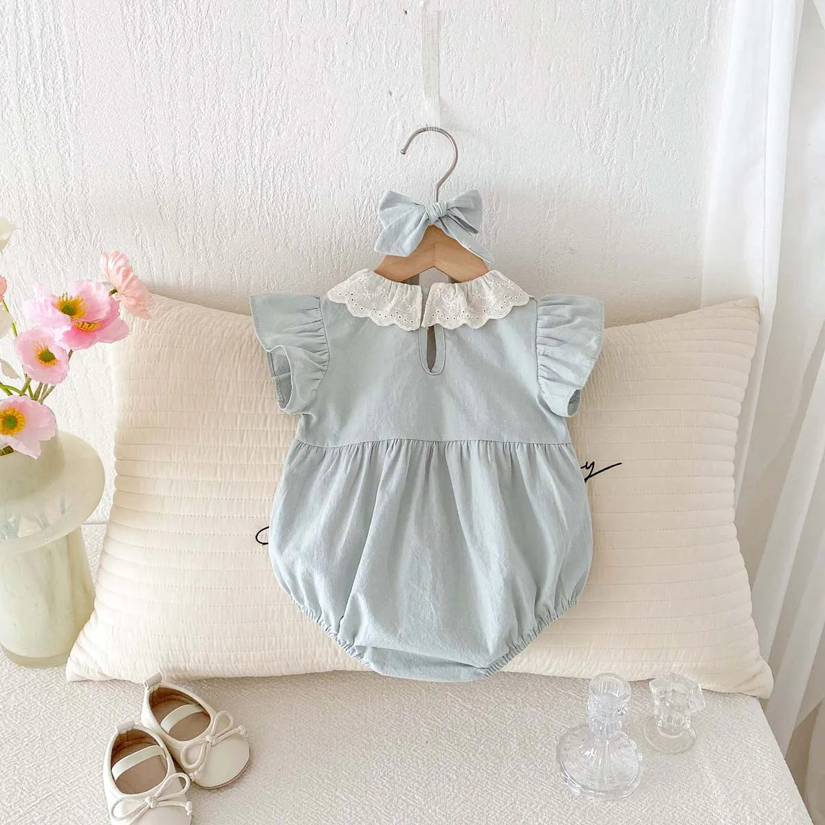 Sky Blue Laced Collar Romper and Headband