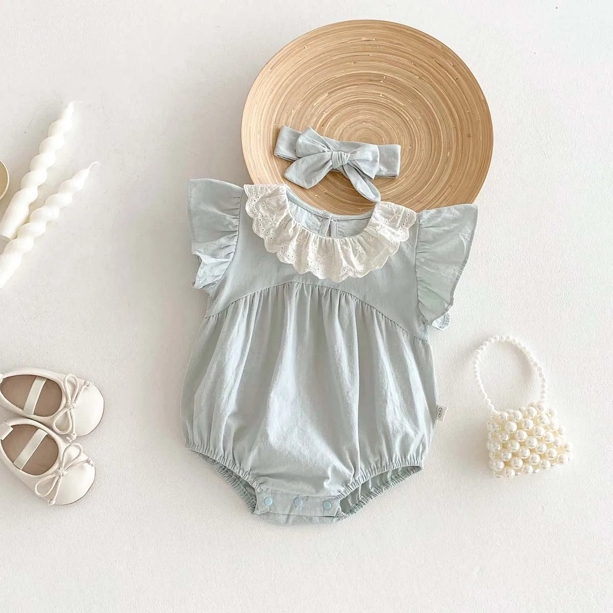Sky Blue Laced Collar Romper and Headband