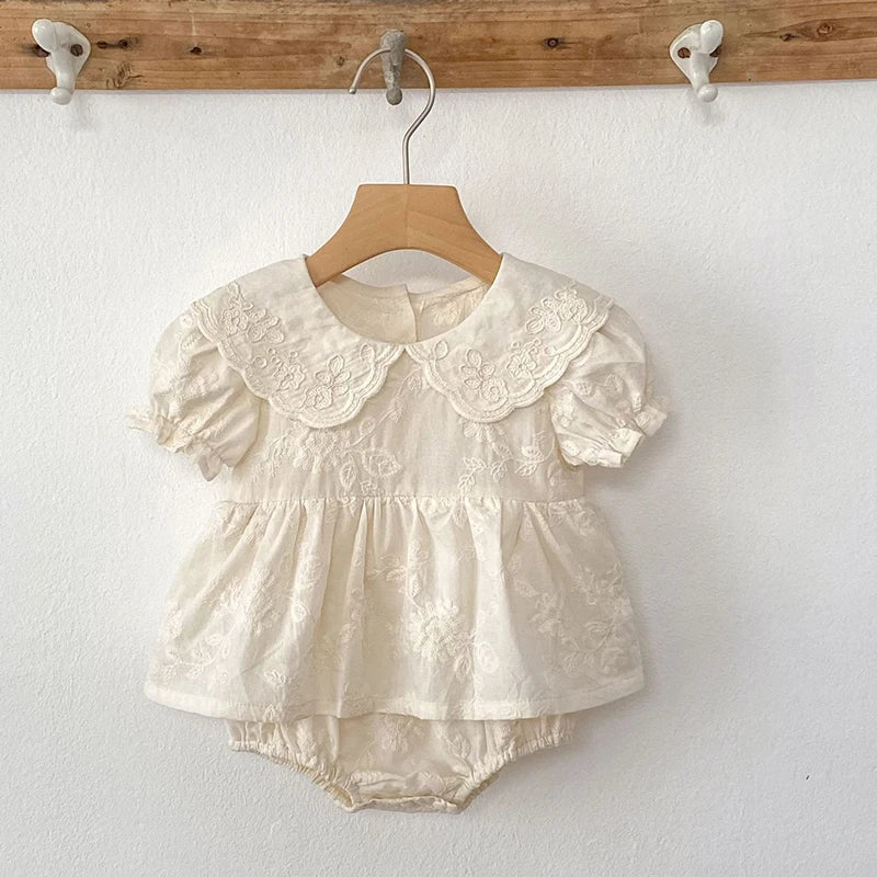 Floral Embroidery Peter Pan Collar Romper Dress