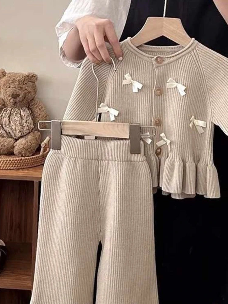 Girls Khaki Knitted Bow Set