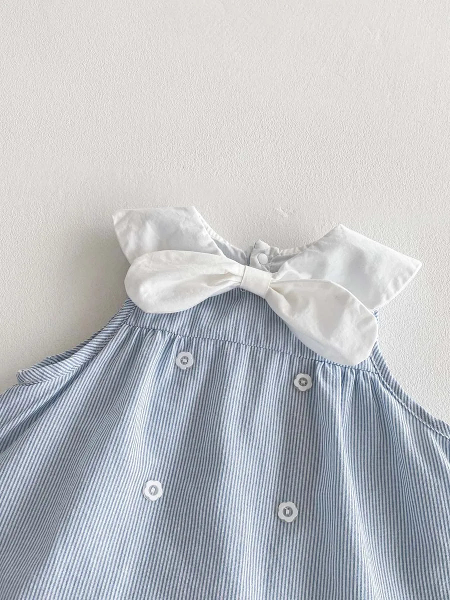 Navy Collar Bow Striped Dress