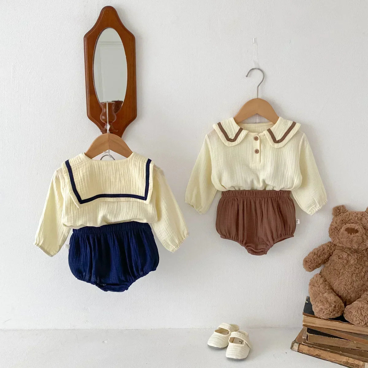 Cotton Navy Collar Solid Wrinkled Set