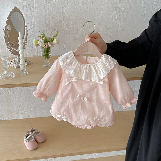 Sweet Pink Lace Collar Bow Romper