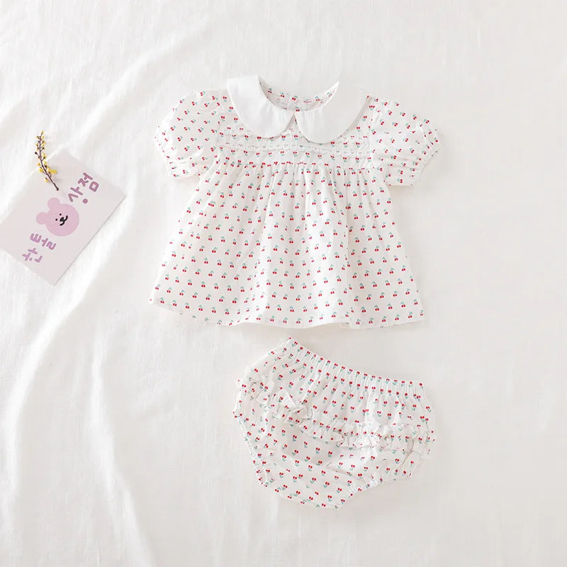 Floral Cherry Print Puff Sleeve Set