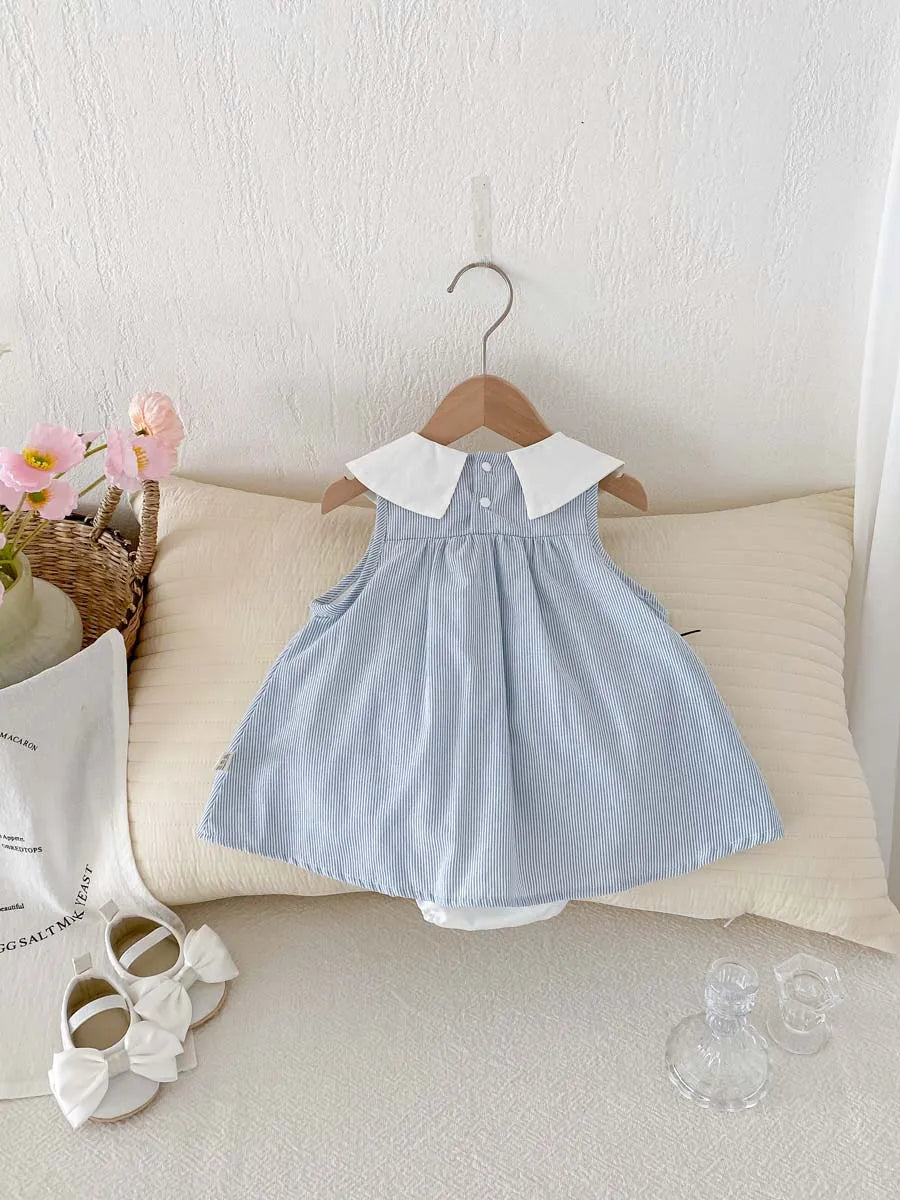 Navy Collar Bow Striped Dress