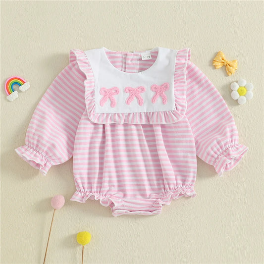 Doll Collar Bow Embroidery Striped Romper