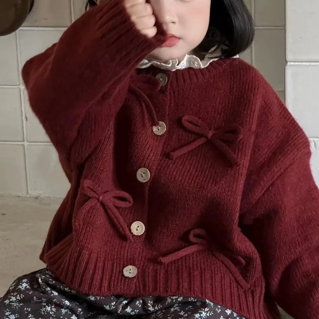 Girls Wine Red Bow Knit Sweater